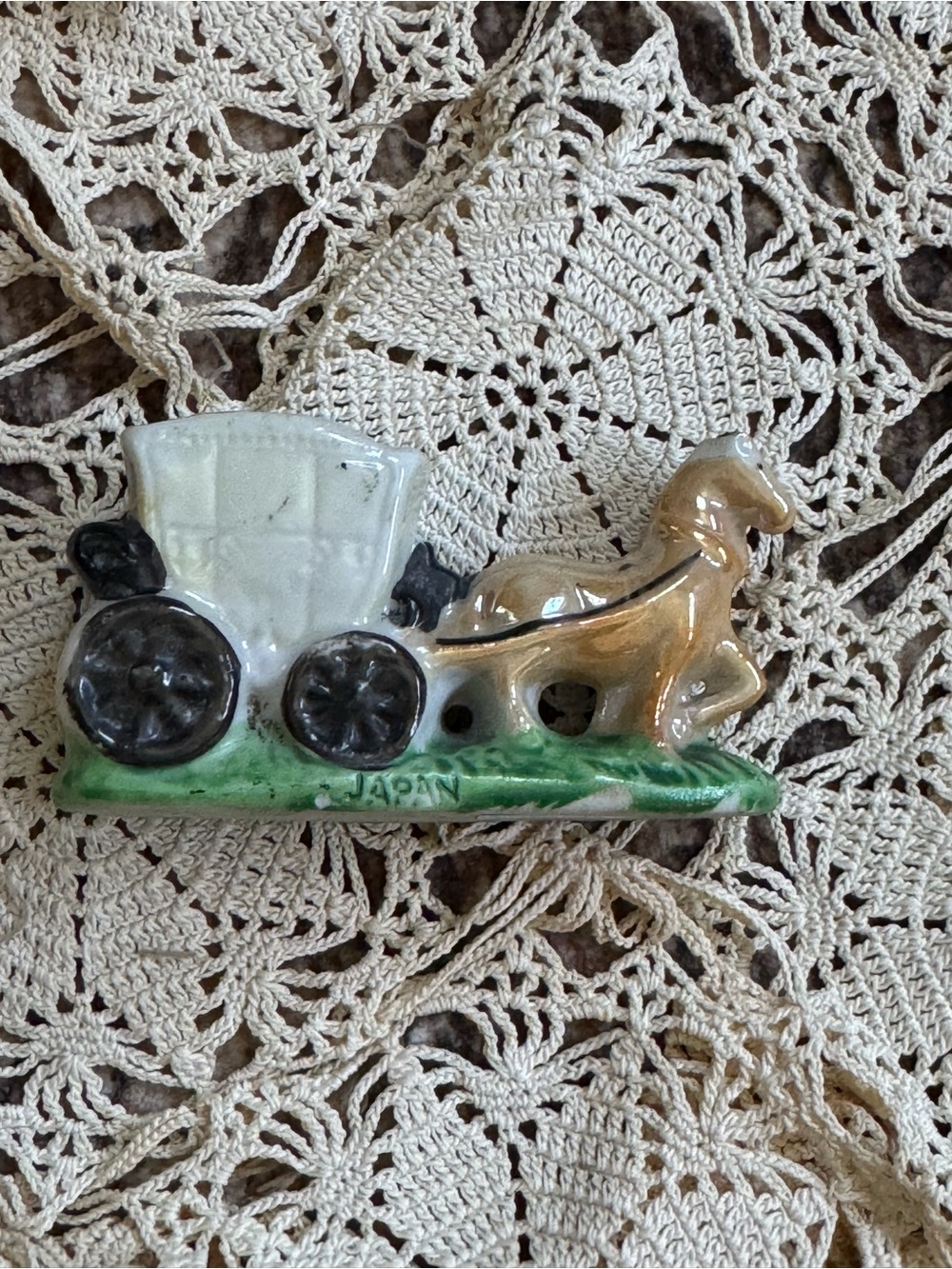 Ceramic Horse and Carriage Figurine in Cream and Brown